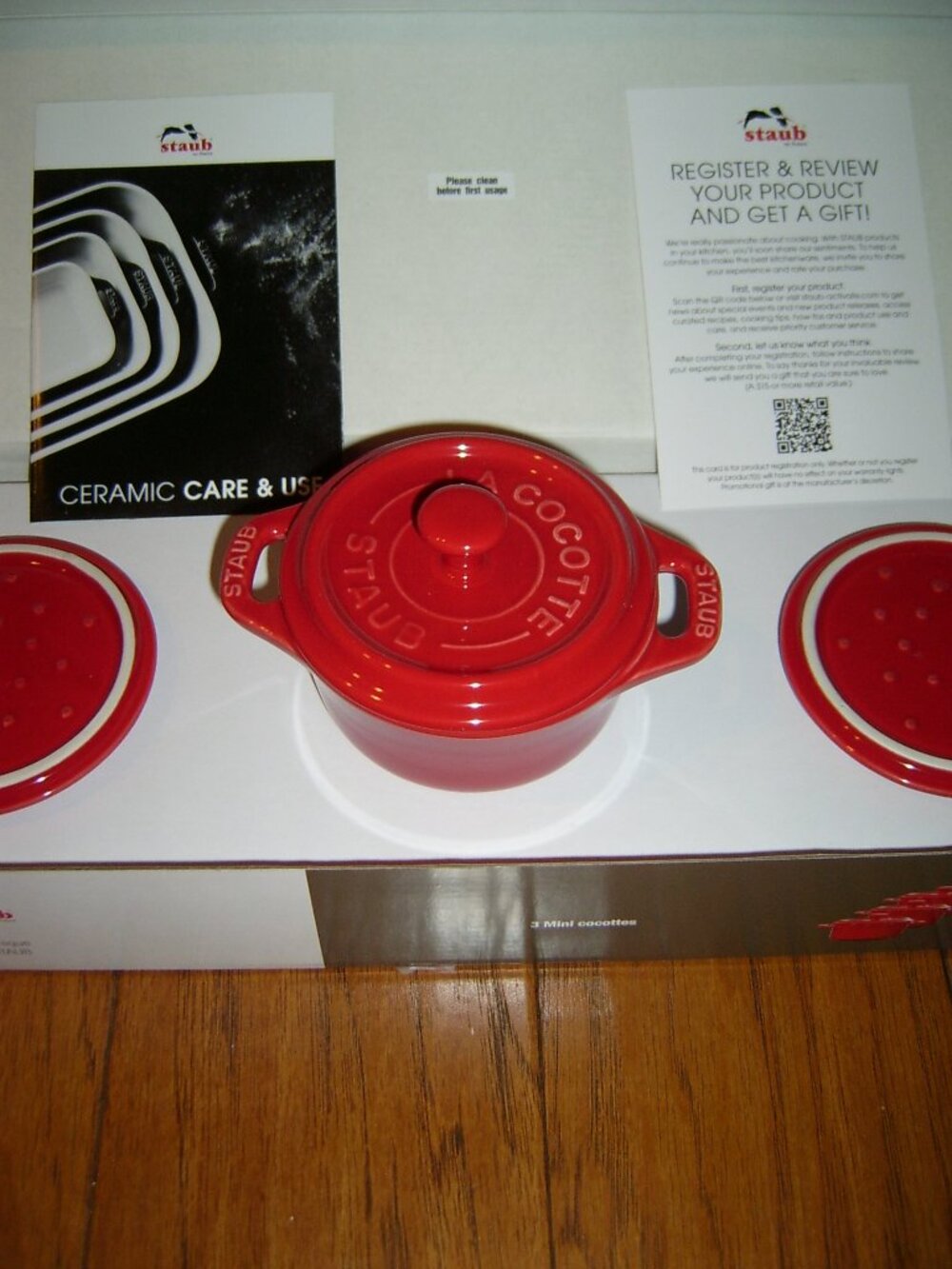 Staub Red Mini Cocotte Trio with Lidded Design, NEW IN BOX